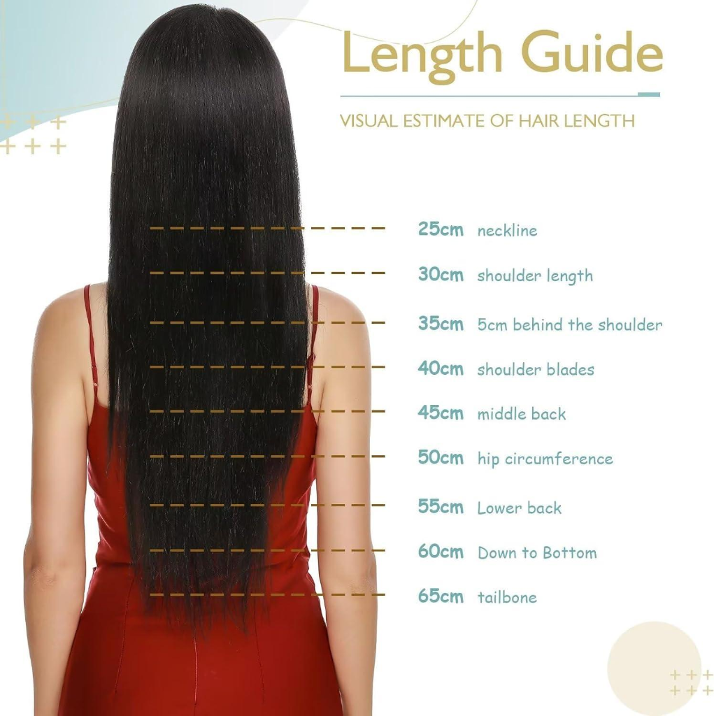 Real human hair length chart in centimeters showing 25cm to 65cm fall points